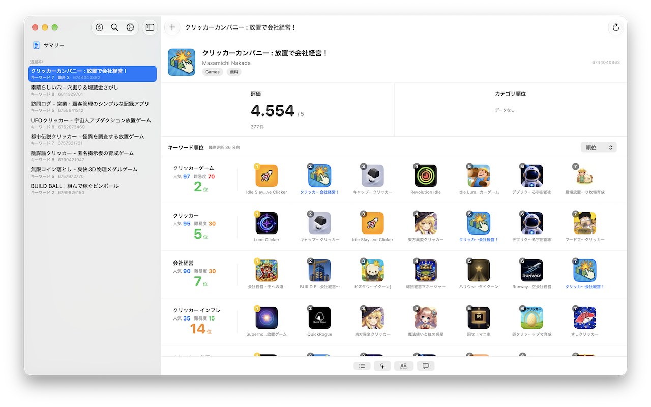 Mac 版のキーワード順位。人気度と難易度、上位アプリのアイコンが横に並ぶ